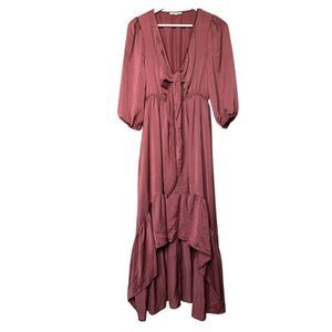 Baevely High Low Maxi Dress Womens S Tie Front Satin Effect Peasant Sleeve VNeck